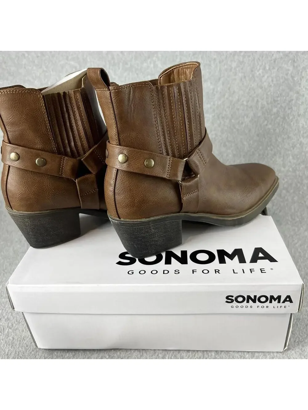 Sonoma Western Ankle Boots Womens Size 6.5 Block Heel Brown Faux Leather New